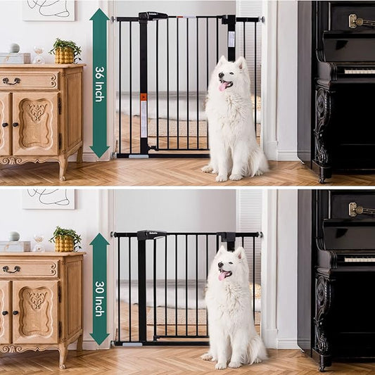 BABELIO 36" Tall Baby Gate, 26-40" Wide Auto Close Pet Gate, PressGuard C5 Pressure Mounted Metal Dog Gate, Easy-Install No Drilling, No Tools Needed, with Wall Protectors and Extension Kits, Black