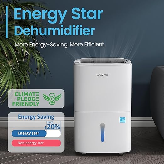 Waykar 120 Pints 2025 Energy Star Home Dehumidifier for Spaces up to 6,000 Sq. Ft at Home, in Basements and Large Rooms with Drain Hose, Handle, Auto Defrost and Self-Drying.