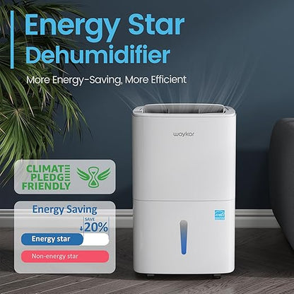 Waykar 120 Pints 2025 Energy Star Home Dehumidifier for Spaces up to 6,000 Sq. Ft at Home, in Basements and Large Rooms with Drain Hose, Handle, Auto Defrost and Self-Drying.