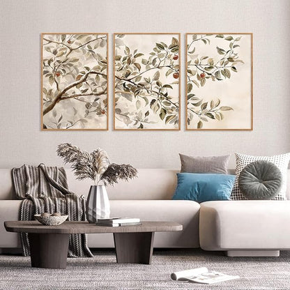 HLNIUC Apple Tree Vintage Framed Wall Art Set, Botanical Branch Canvas Wall Decor, Rustic Farmhouse Leaves Wall Painting, Retro Nature Plant Art Print for Living Room, Bedroom, Office - 16"x24"x3