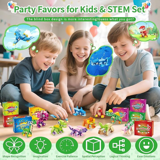Dinosaur Party Favors for Kids - 24 Pack 72 Kinds of Animals Building Block Toy Goodie Bags Fillers Classroom Prizes Stuffers Gifts Building Set, Christmas Birthday Gift for Boys Girls Ages 6-12
