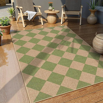 Lahome Green Checkered Easy Jute Rug, 3x5 Washable Outdoor Rug Neutral Rug for Entryway, Checkerboard Non Slip Non Shedding Floor Carpet for Living Room Front Door Porch
