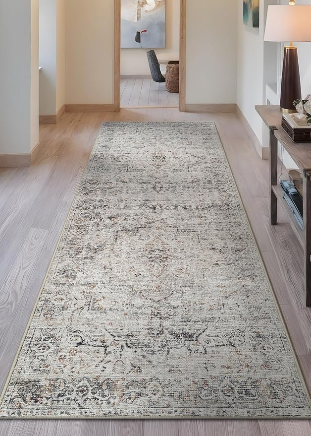 Bloom Rugs Caria Washable Non-Slip 10 ft Runner - Ivory/Gray/Caramel Traditional Runner for Entryway, Hallway, Bathroom, and Kitchen - Exact Size: 2'6" x 10'