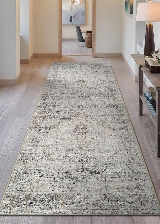 Bloom Rugs Caria Washable Non-Slip 12 ft Runner - Ivory/Gray/Caramel Traditional Runner for Entryway, Hallway, Bathroom, and Kitchen - Exact Size: 2'6" x 12'