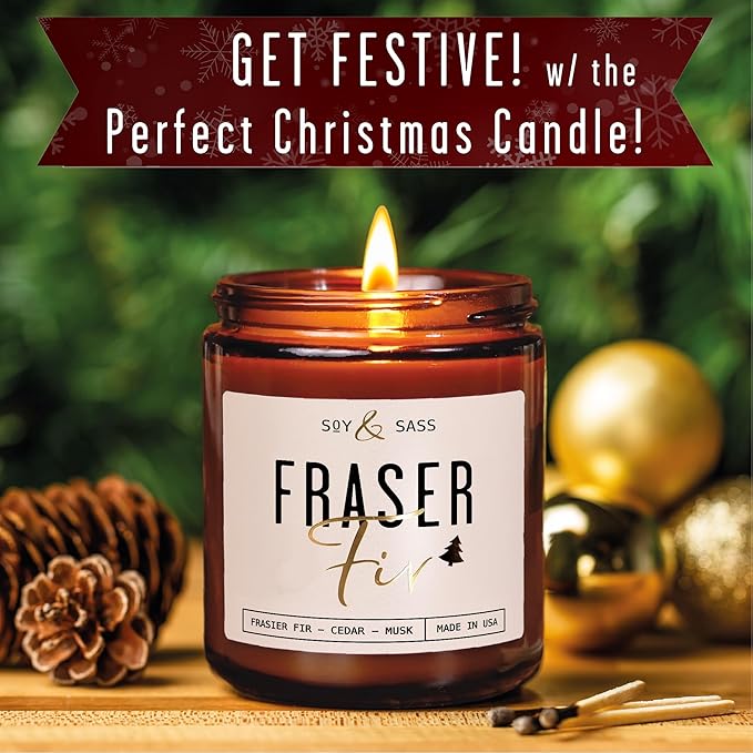 Fraser Fir Candles - Christmas Candles - 'Fraser Fir' w/Balsam Fir Cedar & Sandalwood Evergreen Tree Scent I Winter Evergreen Candle I Stocking Stuffers for Women I 9oz, 50Hr, USA Made