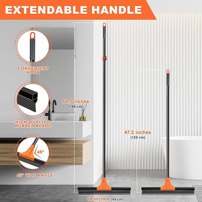 JEHONN Floor Squeegee Heavy Duty with 58.3 inches Long Handle, Rubber Scraper Broom for Cleaning Foam Water on Garage Concrete Bathroom Tile Marble Shower Glass Shop Deck Window Indoor Outdoor
