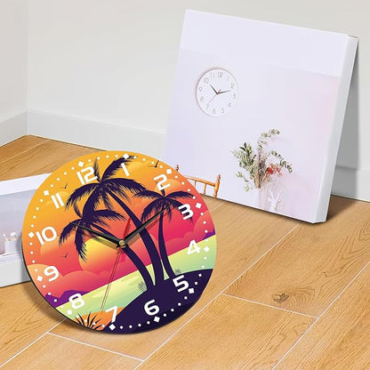 Palm Tree Sunset Art Wall Clock Vintage Wooden Wall Clock Silent Non-Ticking Battery Operated Arabic Numerals Wall Clocks Decorative for Kitchen, Office, Classroom 10 Inch