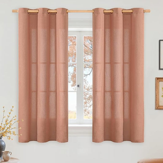 YoungsTex Terracotta Linen Curtains 48 Inch Length for Living Room Window, Light Filtering Drapes Semi Sheer with Bronze Grommet Privacy for Kitchen Bedroom Farmhouse, 42 x 48 Inch, 2 Panels