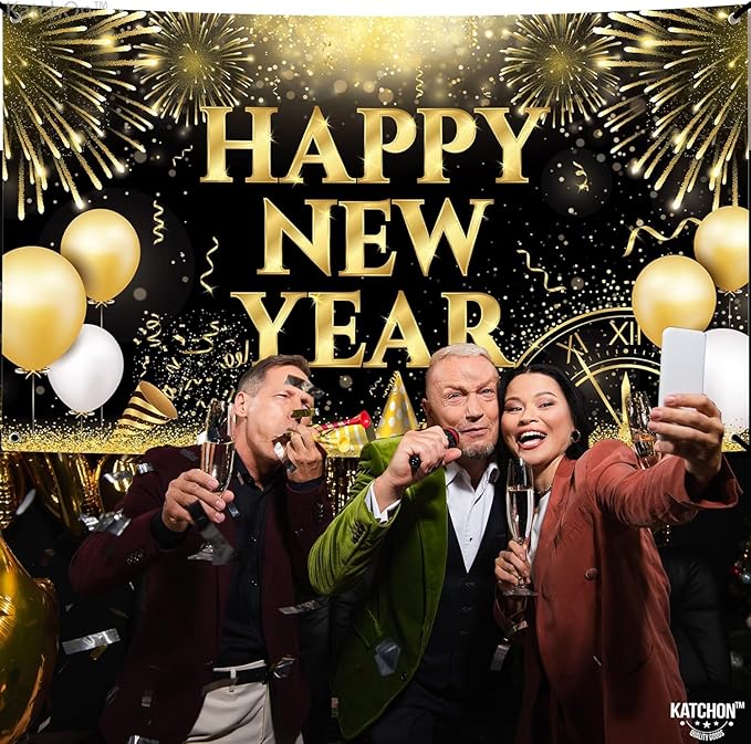 KatchOn, XtraLarge Happy New Year Banner - 72x44 Inch | New Years Backdrop for New Year Decorations 2026 | New Years Eve Party Supplies 2026 | NYE Decorations 2026