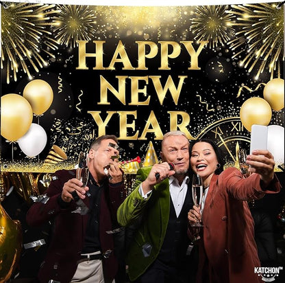 KatchOn, XtraLarge Happy New Year Banner - 72x44 Inch | New Years Backdrop for New Year Decorations 2026 | New Years Eve Party Supplies 2026 | NYE Decorations 2026
