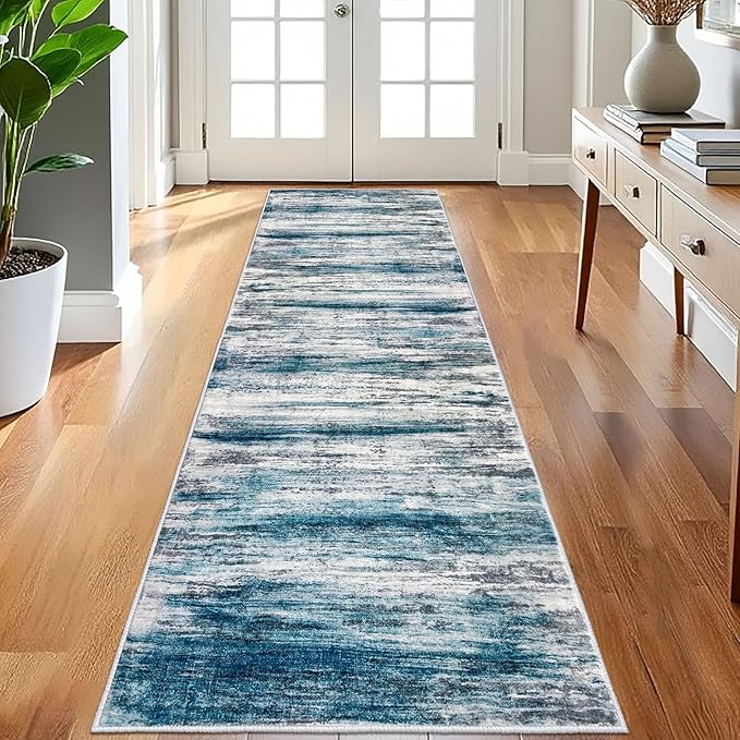 KOZYFLY 3x8 Area Rug Modern Ombre Area Rug for Bedroom, Washable Rug Non-Slip Soft Striped Living Room Rug, Print Blue Abstract Carpet for Laundry Nursery