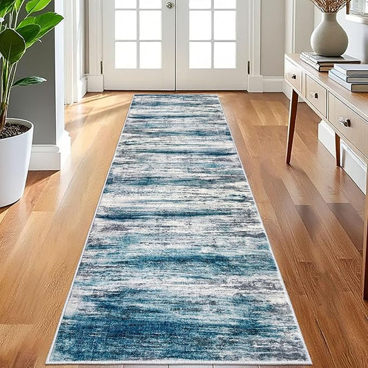 KOZYFLY 3x8 Area Rug Modern Ombre Area Rug for Bedroom, Washable Rug Non-Slip Soft Striped Living Room Rug, Print Blue Abstract Carpet for Laundry Nursery