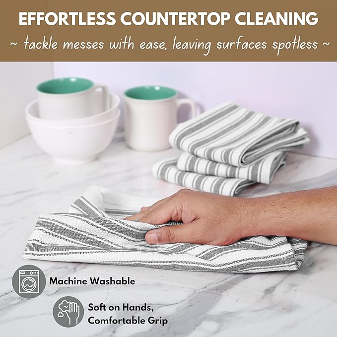 Native Fab Gray Stripe Kitchen Towels - 12 Pack - 100% Cotton, Basket Weave Striped Dishcloths Set - 16 x 26 Inches - Absorbent, Quick Drying, Durable & Washable Towel with Hanging Loop - Grey White