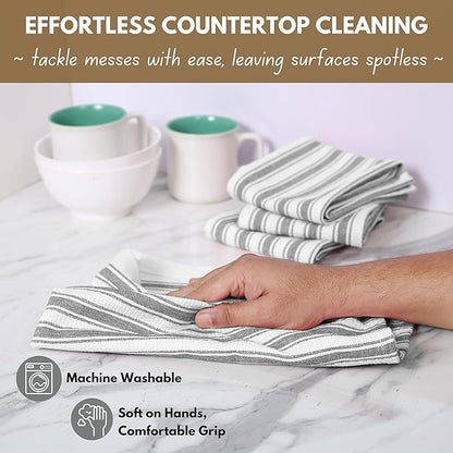 Native Fab Gray Stripe Kitchen Towels - 12 Pack - 100% Cotton, Basket Weave Striped Dishcloths Set - 16 x 26 Inches - Absorbent, Quick Drying, Durable & Washable Towel with Hanging Loop - Grey White