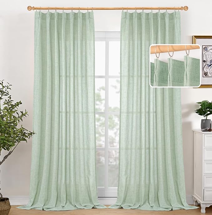 YoungsTex Sage Green Linen Curtains 95 Inch Length 2 Panels, Semi Sheer Drapes Light Filtering with Pinch Pleated for Living Room Bedroom Dining Back Tab Window Treatments, 40 X 95 Inch