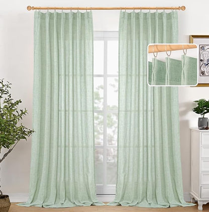 YoungsTex Sage Green Linen Curtains 95 Inch Length 2 Panels, Semi Sheer Drapes Light Filtering with Pinch Pleated for Living Room Bedroom Dining Back Tab Window Treatments, 40 X 95 Inch