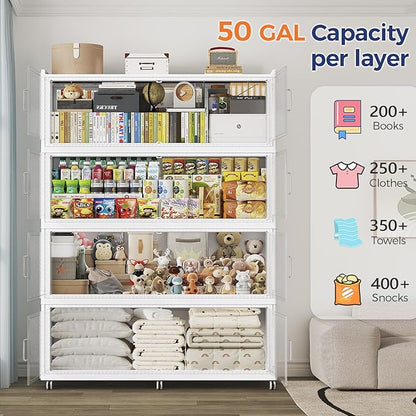 150 Gallon Extra Large Collapsible Storage Bin with Lid, 960QT Stackable Plastic Organizer with 6x Wheels, Foldable Drawer Cabinet for Closet, Living Room Office, Kitchen 3Pack, White