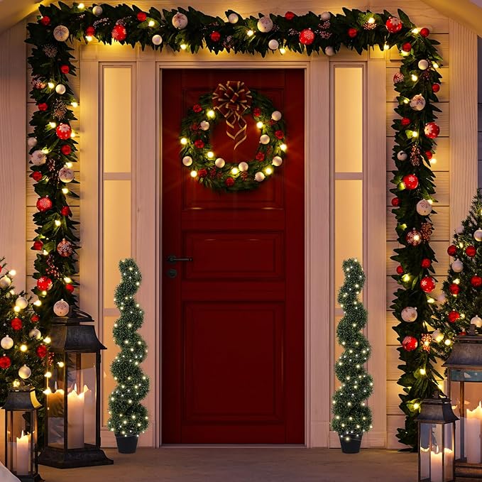 THE BLOOM TIMES 4ft Spiral Topiary Trees Artificial Outdoor Set of 2, 48" Faux Boxwood Plants Outside - All-Year Green Fake Twisted Tree for Garden Front Porch Planter Decor 4 Foot