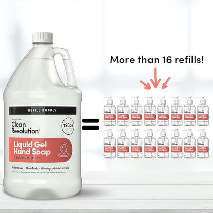 Clean Revolution Liquid Gel Hand Soap, Silky Rich Liquid, Quick Lather, Fast Rinsing, Contains Real Essential Oils (Geranium Mint) 128 Fl Oz