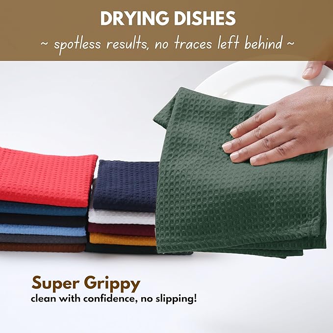 Native Fab Cotton Kitchen Towel with Hanging Loop 16x26 inches, 4-Pack, Waffle Weave Kitchen Towels for Cleaning Drying, Washcloths Soft & Absorbent Cloth Rags, Bar Towel, Dish Cloth, Olive Green