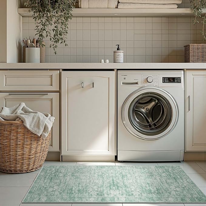 jinchan Runner Rug 2x5 Green Kitchen Rugs Hallway Runner - Machine Washable Vintage Floral Non-Slip,Low Pile Soft Ultra-Thin Distressed Carpet for Entryway Farmhouse Bedroom Laundry Room (2’x5’,Green)