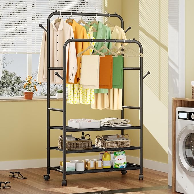 Clothing Racks for Hanging Clothes, Portable Clothing Rack with Wheels Rolling Clothes Racks, Black Garment Racks-3-Tier