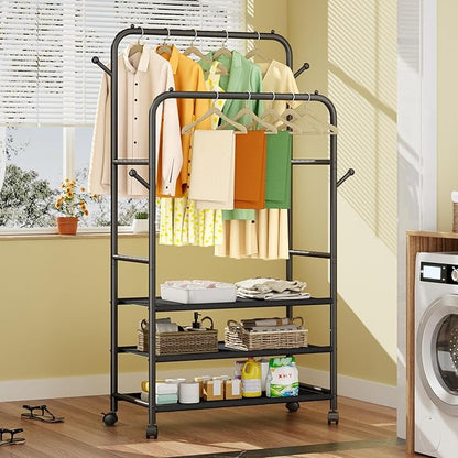 Clothing Racks for Hanging Clothes, Portable Clothing Rack with Wheels Rolling Clothes Racks, Black Garment Racks-3-Tier