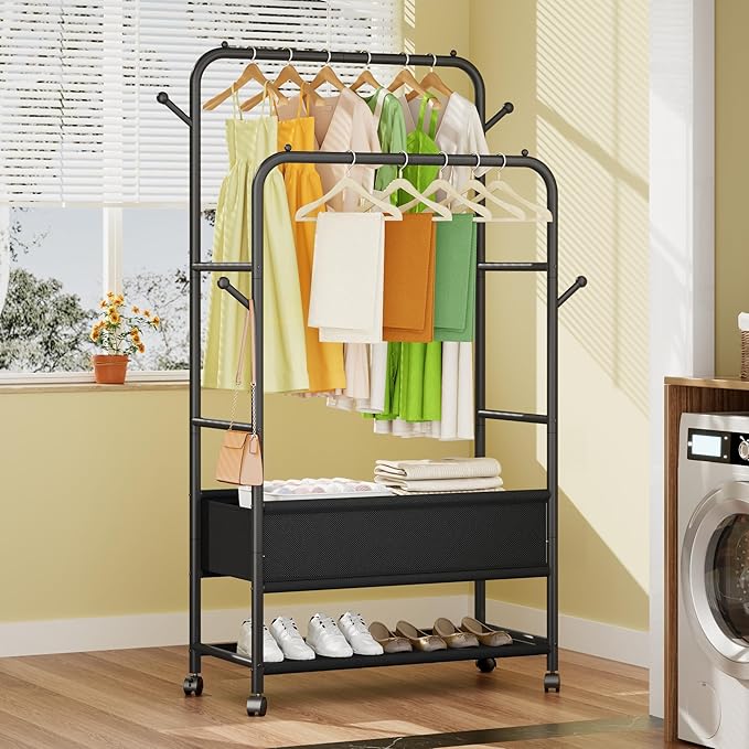 Clothing Racks for Hanging Clothes, Portable Clothing Rack with Wheels Rolling Clothes Racks, Black Garment Racks-Storage Box
