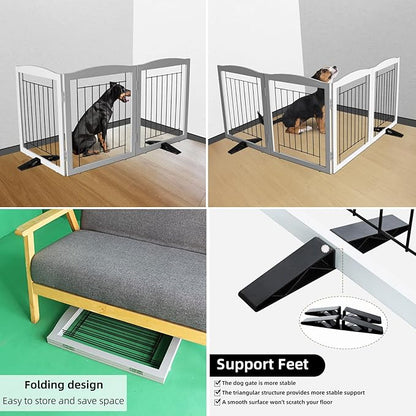 ZJSF Freestanding Dog Fence Indoor, Foldable Dog Gate for Doorways, Stairs or Hallways, Sturdy Wood Extra Wide Pet Gate with Support Feet for The House, Grey, 24 "Height-3 Panels