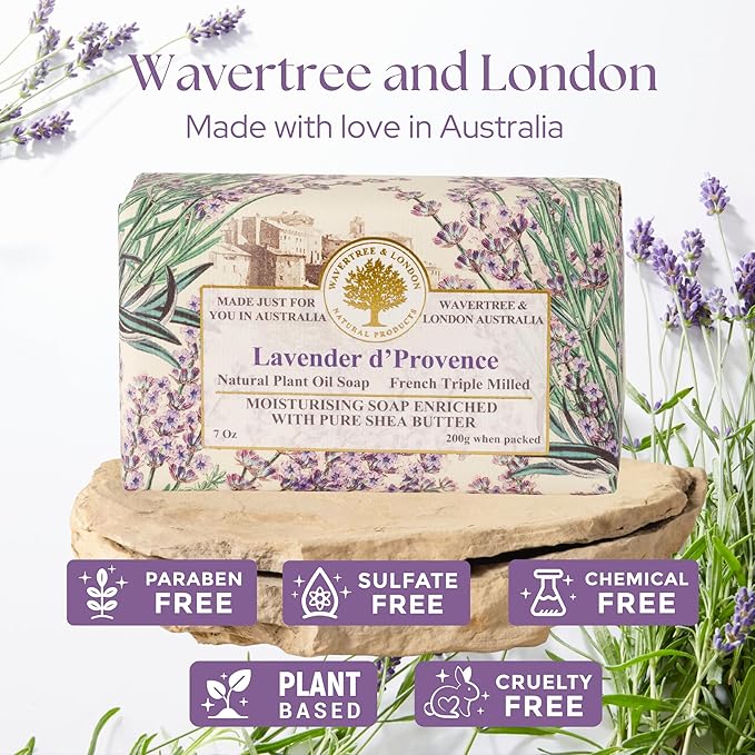 Wavertree & London Lavender D'Provence Scented Natural Soap Bar, 7oz Moisturizing French Triple Milled Soap Bar for Women & Men Enriched with Organic Shea Butter, Pure Bath & Body Soap (1 Bar)