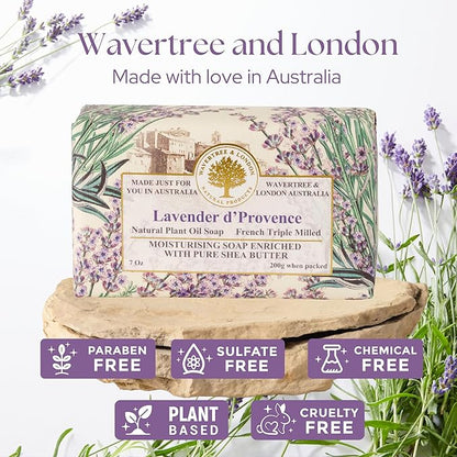 Wavertree & London Lavender D'Provence Scented Natural Soap Bar, 7oz Moisturizing French Triple Milled Soap Bar for Women & Men Enriched with Organic Shea Butter, Pure Bath & Body Soap (1 Bar)