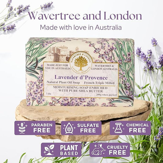 Wavertree & London Lavender D'Provence Scented Natural Soap Bar, 7oz Moisturizing French Triple Milled Soap Bar for Women & Men Enriched with Organic Shea Butter, Pure Bath & Body Soap (1 Bar)