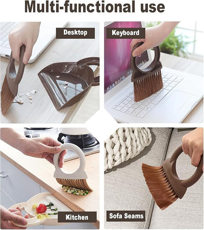Round Handle Brush and Dustpan Set Small Broom & Dustpan Portable Handheld Sweeper for Desktop Sofa Floor Pet Nest (Coffee)