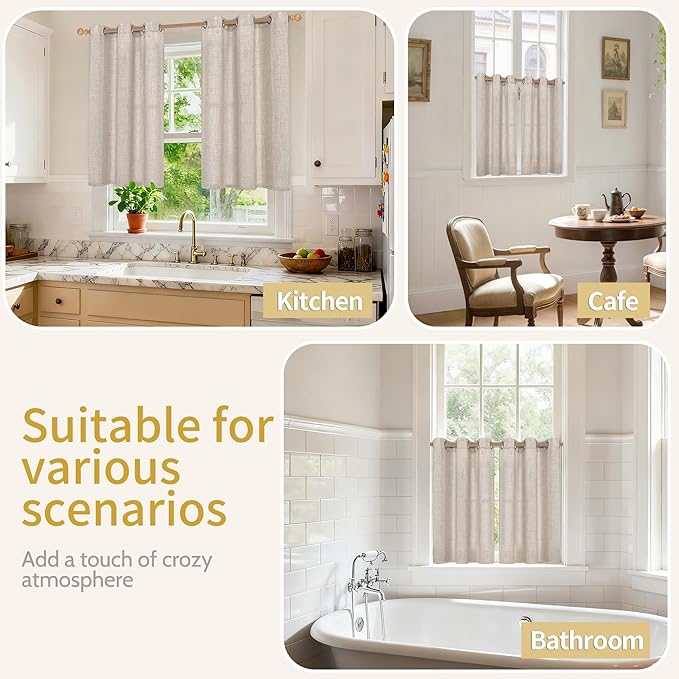 YoungsTex Short Linen Curtains 36 Inch Length for Kitchen Window 2 Panels - Small Semi Sheer Drapes Light Filtering with Bronze Grommet Netural Rustic for Cafe Bathroom, 42 X 36 Inch