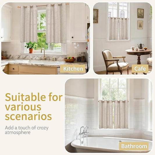 YoungsTex Short Linen Curtains for Kitchen Window with Bronze Grommet, Small Semi Sheer Drapes Light Filtering Natural Rustic for Cafe Bathroom Loft, 2 Panels, 34 x 40 Inch Long