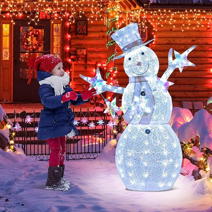 Tangkula 5 FT Christmas Lighted Snowman with Stars, Lighted Christmas Decoration with 140 Cold White LED Bulbs, Ground Stakes & Zip Ties Included, Xmas Festive Decoration for Indoor & Outdoor