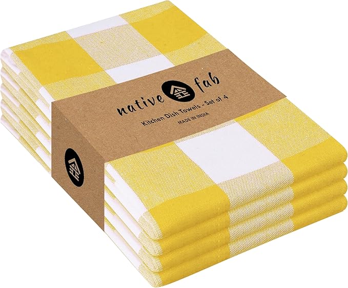 Native Fab Yellow Buffalo Dish Towel 16"x26", Set of 4 - Cotton Plaid Towels, Soft Absorbent Dishcloths with Hanging Loop, Kitchen Towels for Quick Drying - Yellow White
