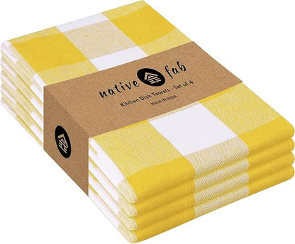 Native Fab Yellow Buffalo Dish Towel 16"x26", Set of 4 - Cotton Plaid Towels, Soft Absorbent Dishcloths with Hanging Loop, Kitchen Towels for Quick Drying - Yellow White