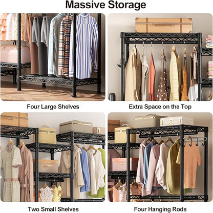 Heavy Duty Garment Rack Clothes Rack,Large Metal Closet Organizer System Storage Wardrobe,Freestanding Clothing Rack with 7 Adjustable Wire Shelves&2 Hang Rods,MaxLoad 1000lbs
