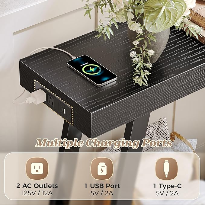 Huuger Console Table with Charging Station, USB-C Port, 2 Tiers Entryway Table, 47.2 Inch Sofa Table with Metal Legs, Entry Hallway Table with Thicker Desktop, Modern Behind Couch Table, Black