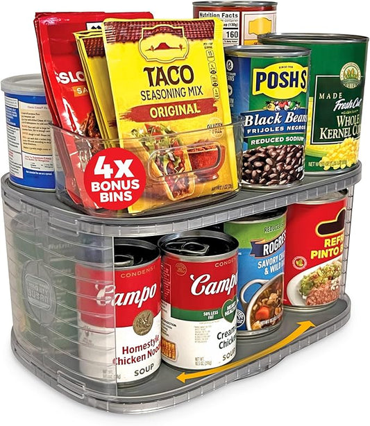 Mighty Susan Kitchen Organizer for Canned Goods: 2-Tiered Robust Turntable Organizer for Cabinet/Pantry. Steel Reinforced Holds Up To 30 lbs. Rotates 360° for Maximum Visibility. Includes 4 Bonus Bins