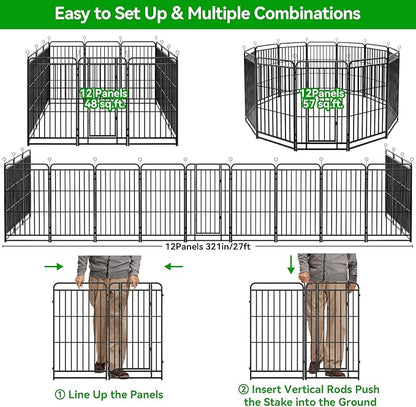 Dog Playpen Outdoor 12 Piece Panels Heavy Duty Dog Fence 47" Height with Thick Pipe Anti-Rust with Doors Portable for RV Camping Yard, Total 27FT, 57 Sq.ft, Snowy Black