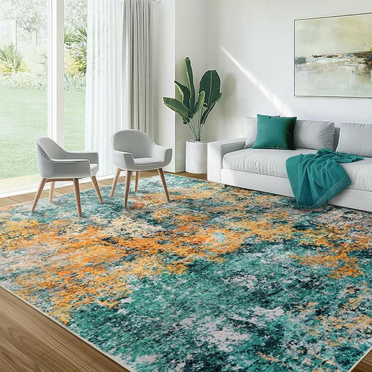 AUKOW 9x12 Area Rug for Living Room - Washable Rugs Modern Abstract Neutral Soft Rug for Bedroom Dining Room No Slip Low Pile Carpet for Nursery Home Office - Teal/Orange