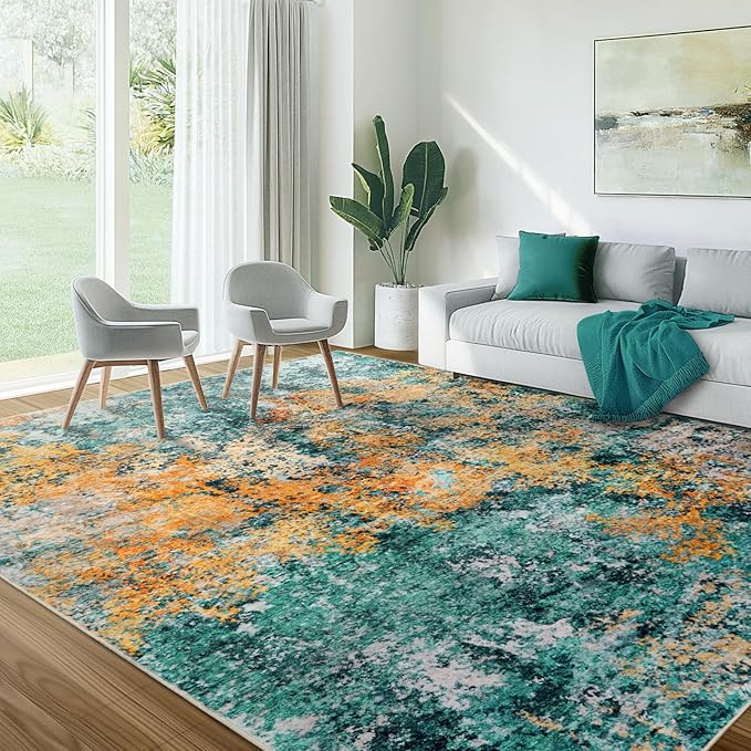 Washable Area Rug for Living Room: 8x10 Modern Abstract Neutral Soft Rug for Bedroom Dining Room No Slip Low Pile Carpet for Nursery Home Office - Teal/Orange