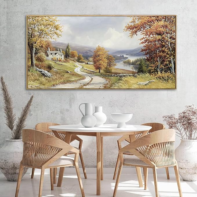 KLAKLA Landscape wall art - Autumn Rustic Field Burnt Orange Tree Landscape PictureC anvas Frame Artwork Farm Log Cabin Farm Wall Decor for Living Room Bedroom Office - 58x29 Inches