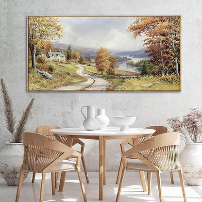 KLAKLA Landscape wall art - Autumn Rustic Field Burnt Orange Tree Landscape PictureC anvas Frame Artwork Farm Log Cabin Farm Wall Decor for Living Room Bedroom Office - 58x29 Inches