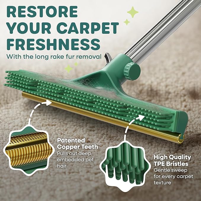 Carpet Rake for Pet Hair Removal, 60” Long Handle – Heavy-Duty Pet Hair Remover for Carpets, Rugs & Mats