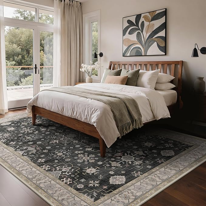 GENIMO 9x12 Area Rugs for Living Room,Machine Washable Non-Slip Vintage Rug, Low Pile Lightweight Carpet for Bedroom, Dining Room, Home Office, Stain & Fade Resistant,Black