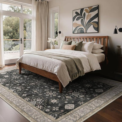GENIMO 9x12 Area Rugs for Living Room,Machine Washable Non-Slip Vintage Rug, Low Pile Lightweight Carpet for Bedroom, Dining Room, Home Office, Stain & Fade Resistant,Black