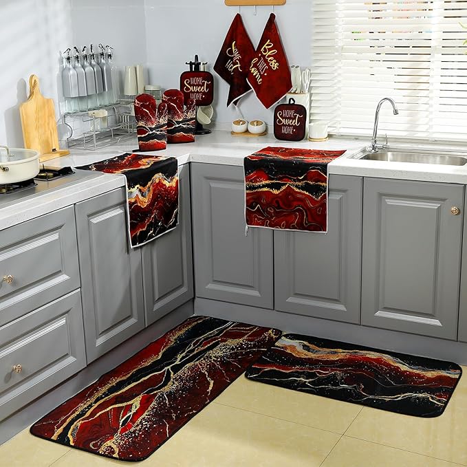 10 Pcs Christmas Marble Farmhouse Kitchen Decor Accessories Set Marble Kitchen Dish Towels Rugs Oven Mitts and Pot Holders Sets for Cooking Baking Daughter Mom Gift(Red)